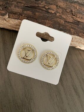 Louis Vuitton logo Gold Rhinestone Stud Earrings